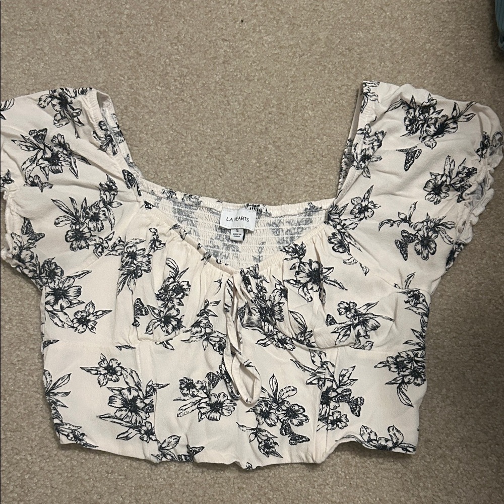 La Hearts Cream and Black Floral Crop Top